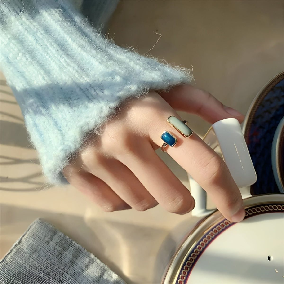 Anel Ajustável Pedra Dupla Ouro