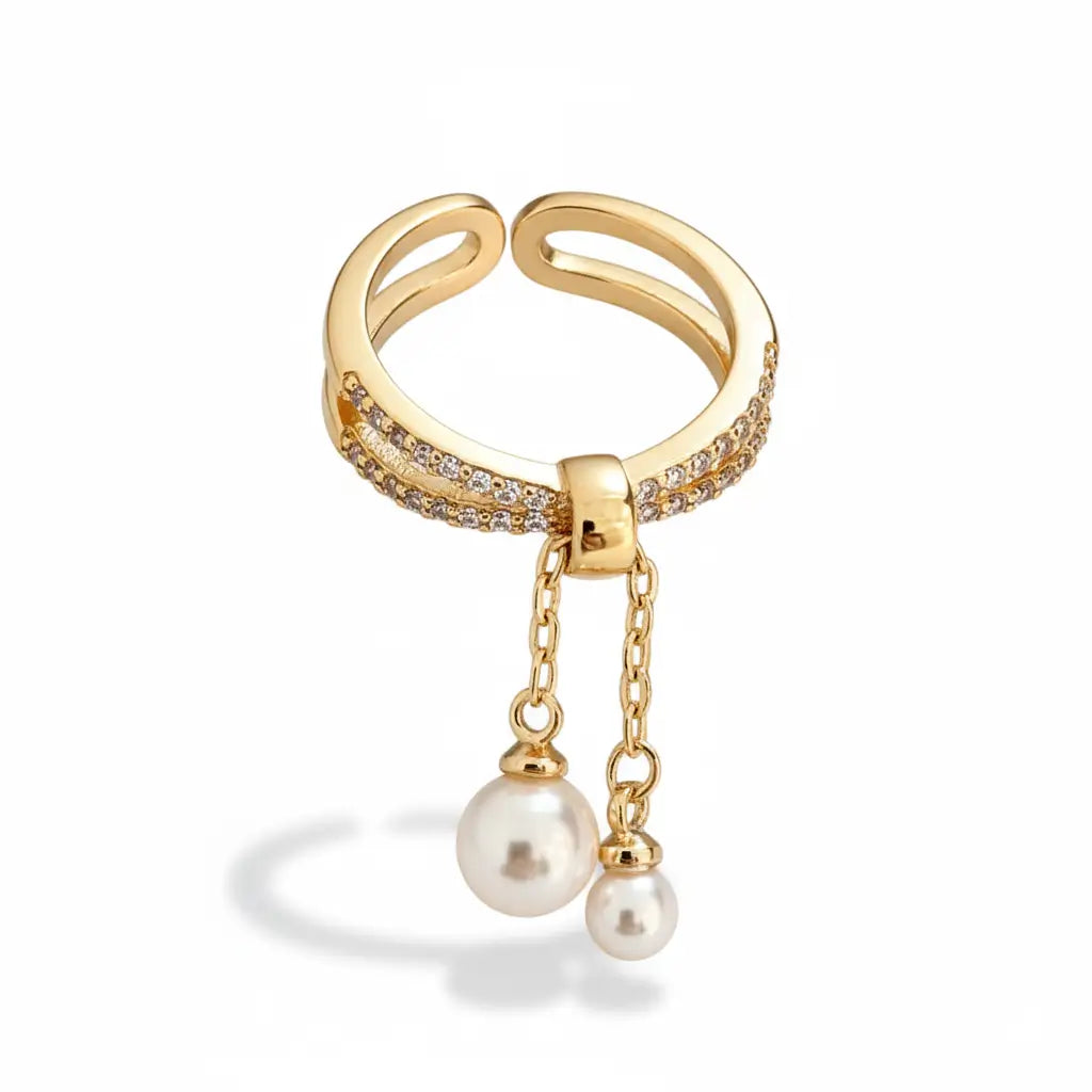 Anel de Ouro Pérola Dupla com Zircônias Fiducia