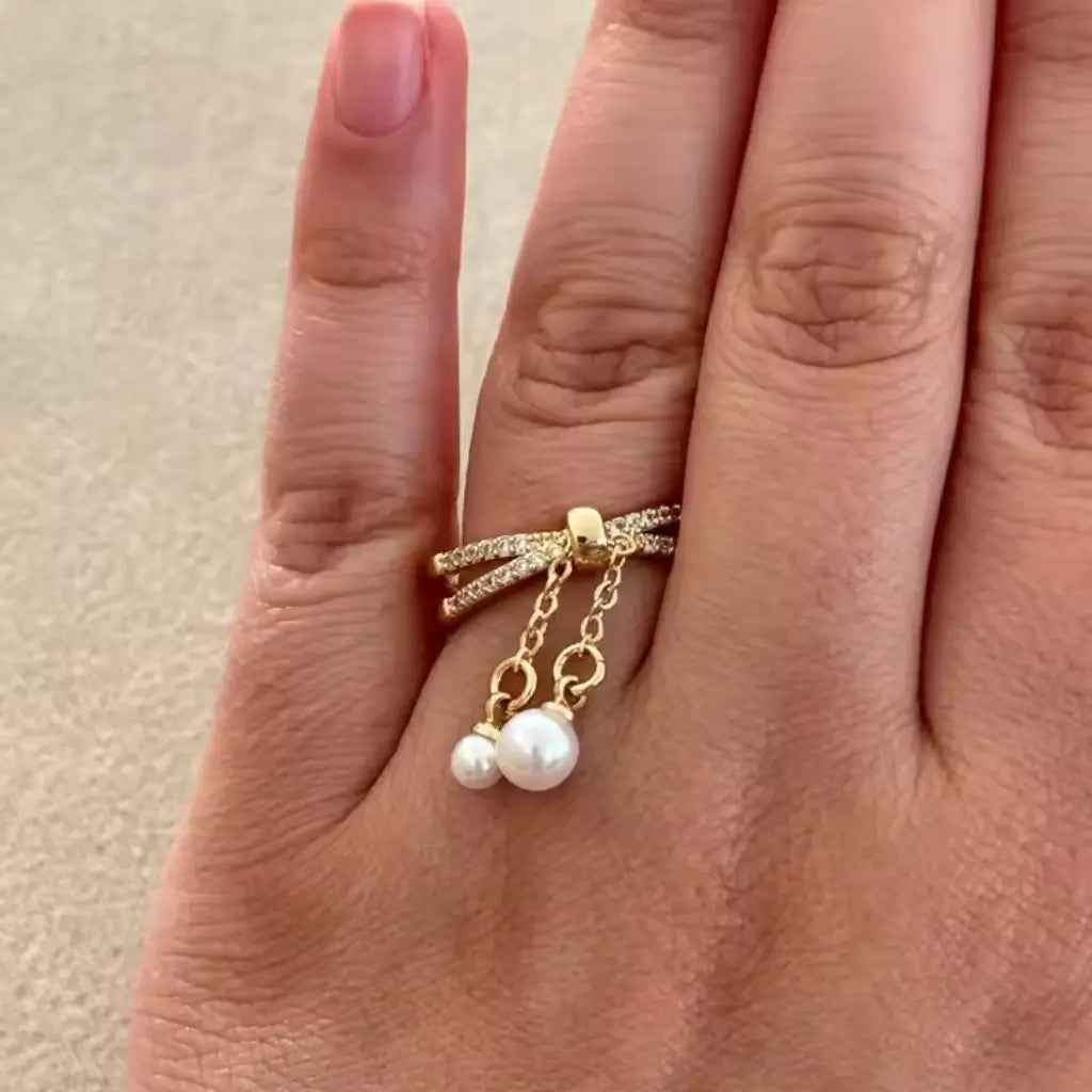 Anel de Ouro Pérola Dupla com Zircônias Fiducia
